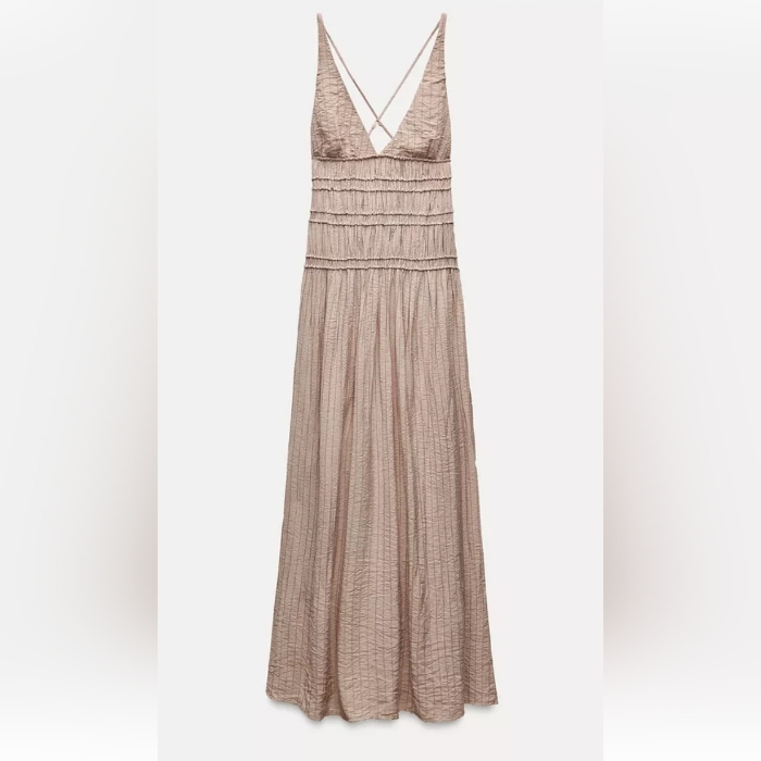 Zara Textured Pale Pink Smocked Elastic Cross Straps Minimalist Long Dress Sz-M